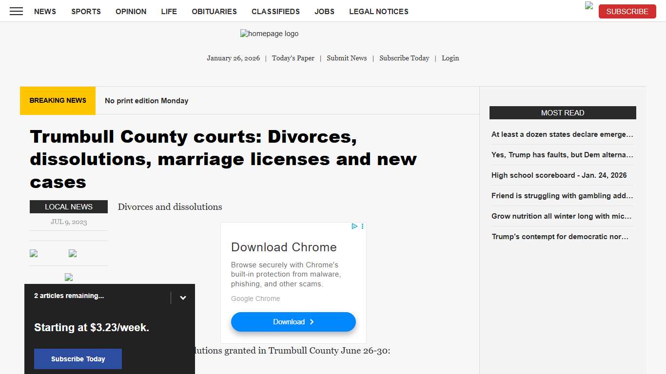Trumbull County courts: Divorces, dissolutions, marriage licenses and new cases News, Sports, Jobs - Tribune Chronicle